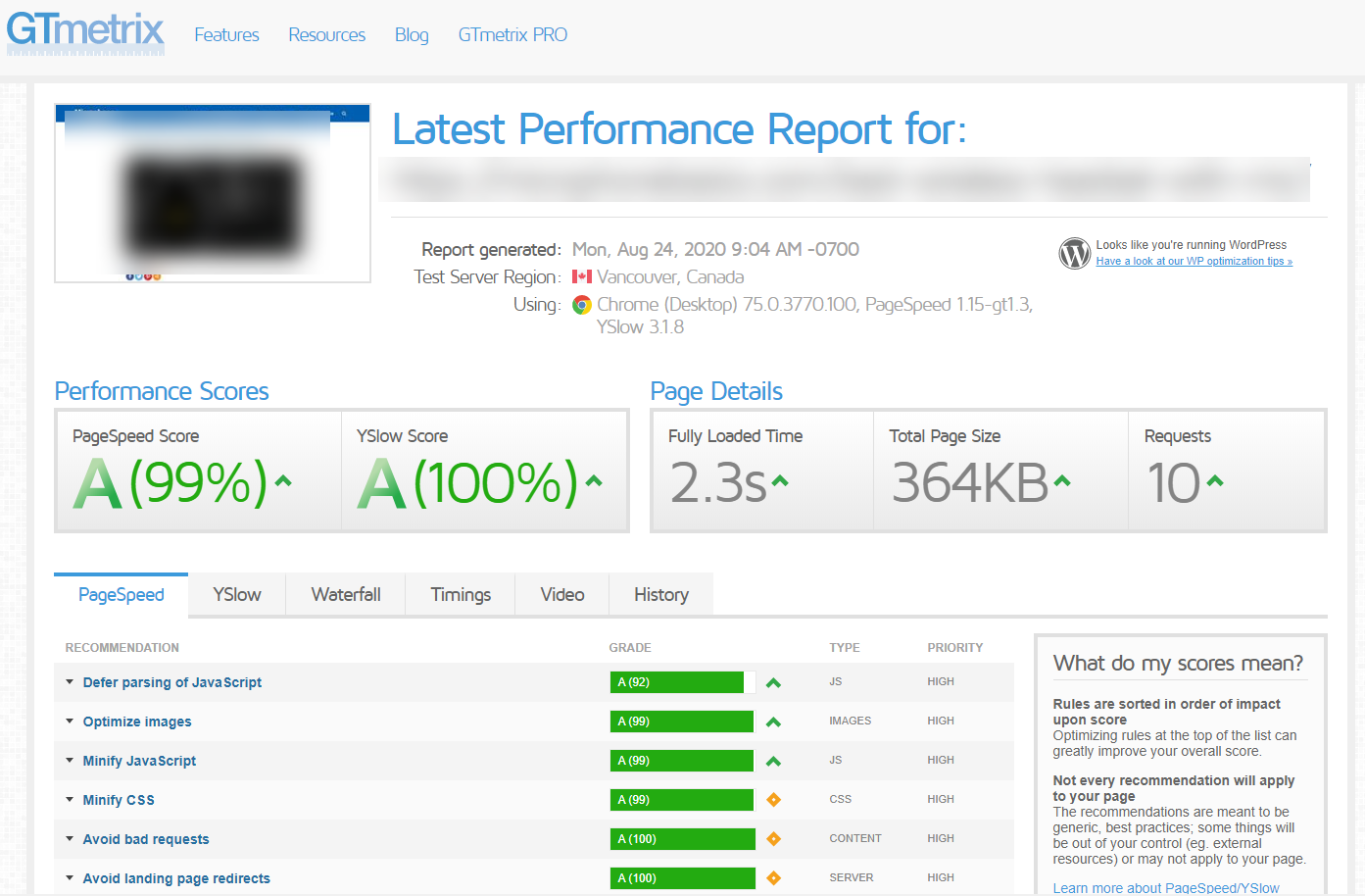 GTmetrix Near Perfect Performance A Scores