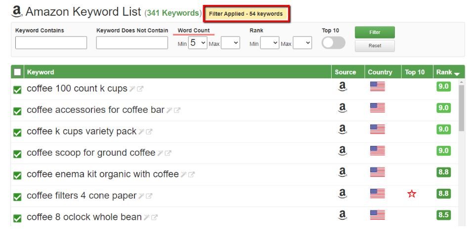 amazon keyword list filter applied