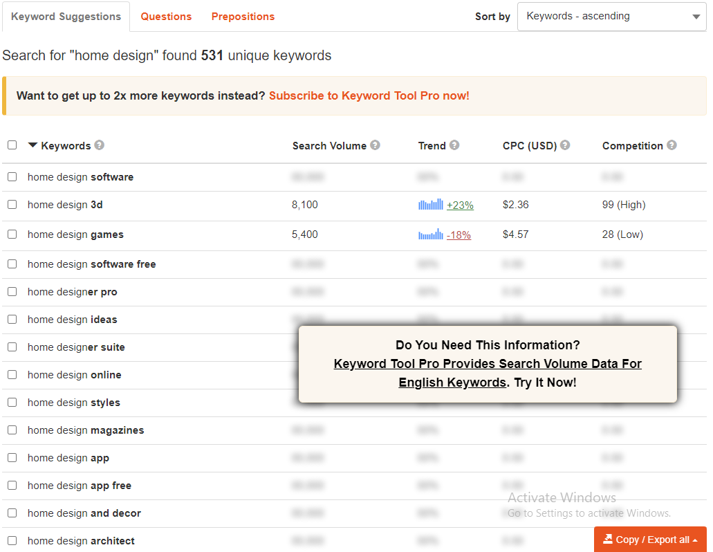 keyword tool home design results