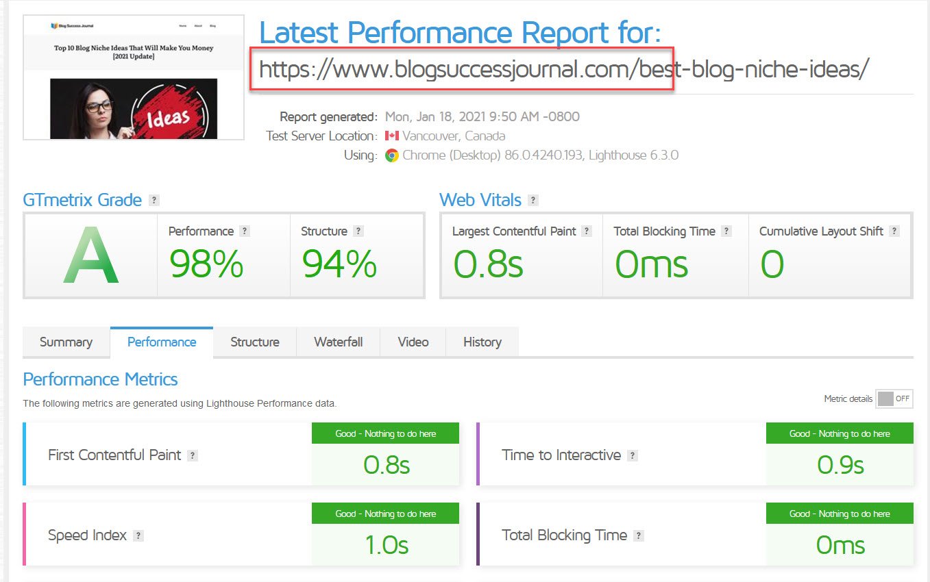 gt metrix excellent blog performance